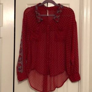 Free People brand red long-sleeve collared shirt